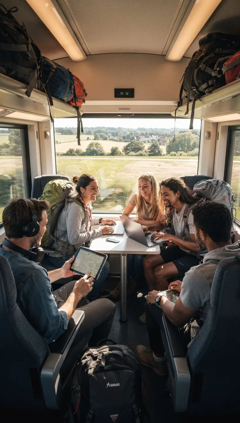 Oversigt over togstation med tydelige skiltninger til regionale og nationale togforbindelser.
